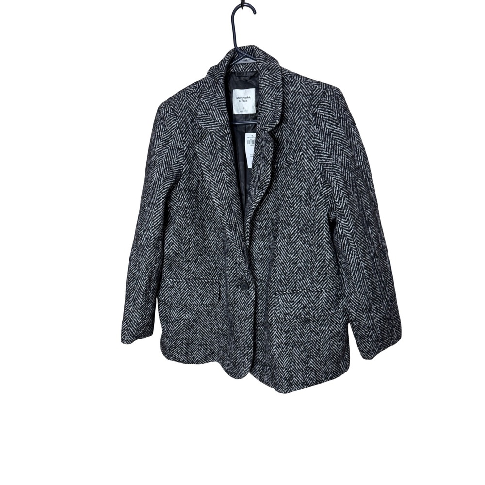 Abercrombie & Fitch Herringbone Wool Blend Blazer Black White Grey Large NWT